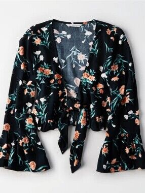 AE Floral Tie Front Cropped Top, Women's Size M